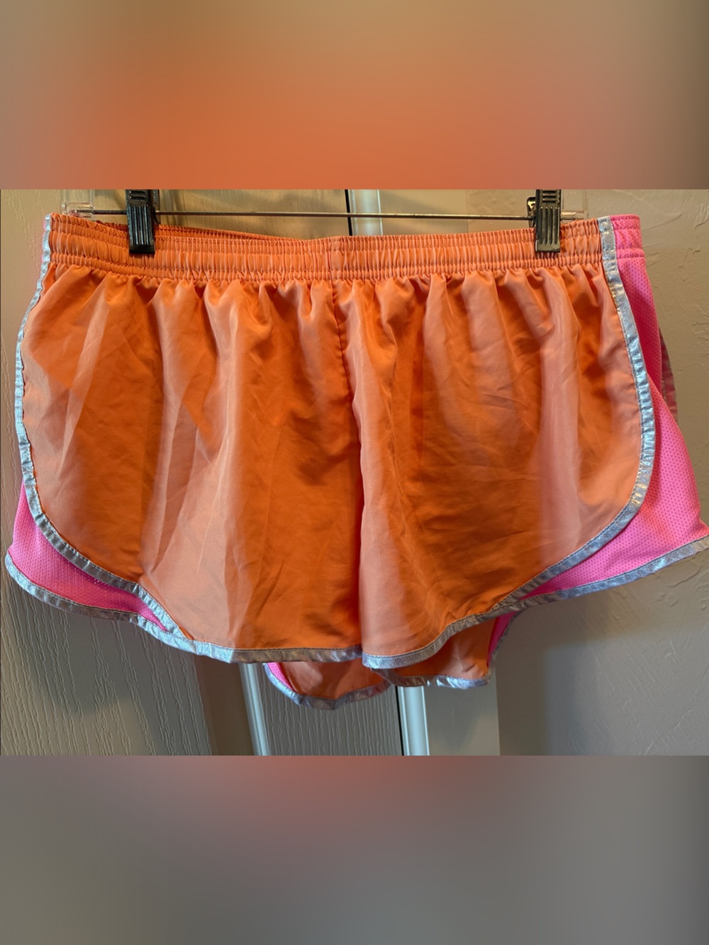 Soffe Orange Shorts with Pink Side Panels and Silver Trim